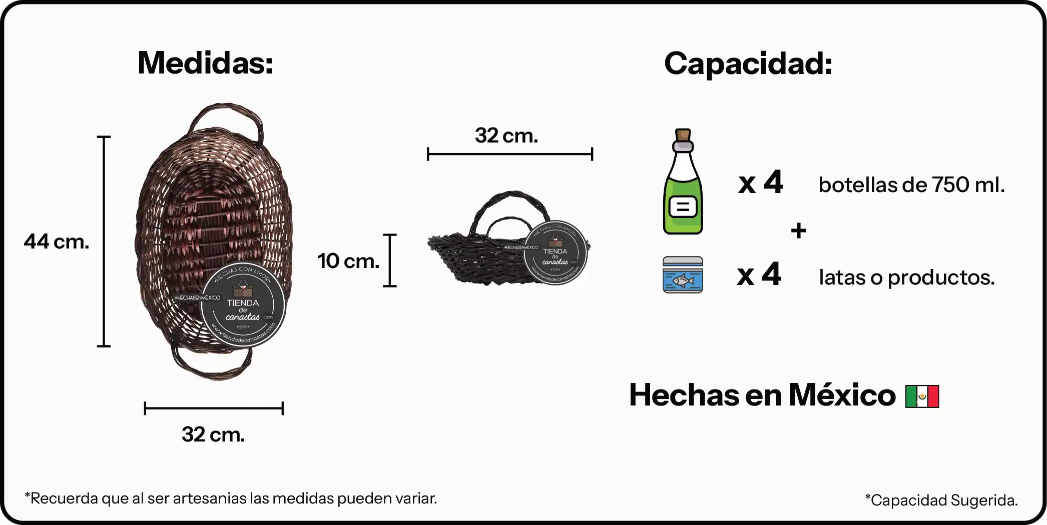 Medidas Charola Emiliano Chocolate Mediana x Tienda de Canastas