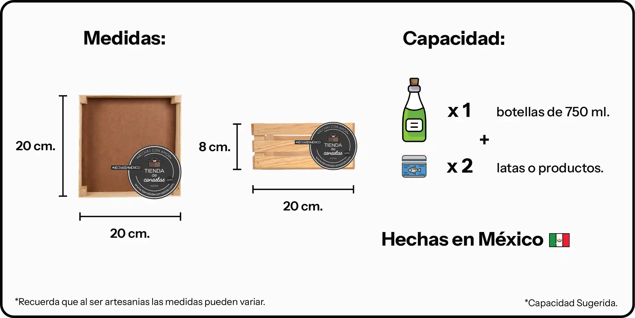 Medidas Huacal De Madera 20 x 20 cm x Tienda de Canastas