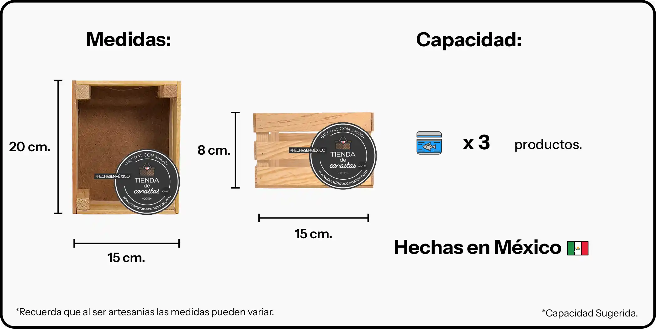 Medidas Huacal de Madera 20 x 15 cm x Tienda de Canastas