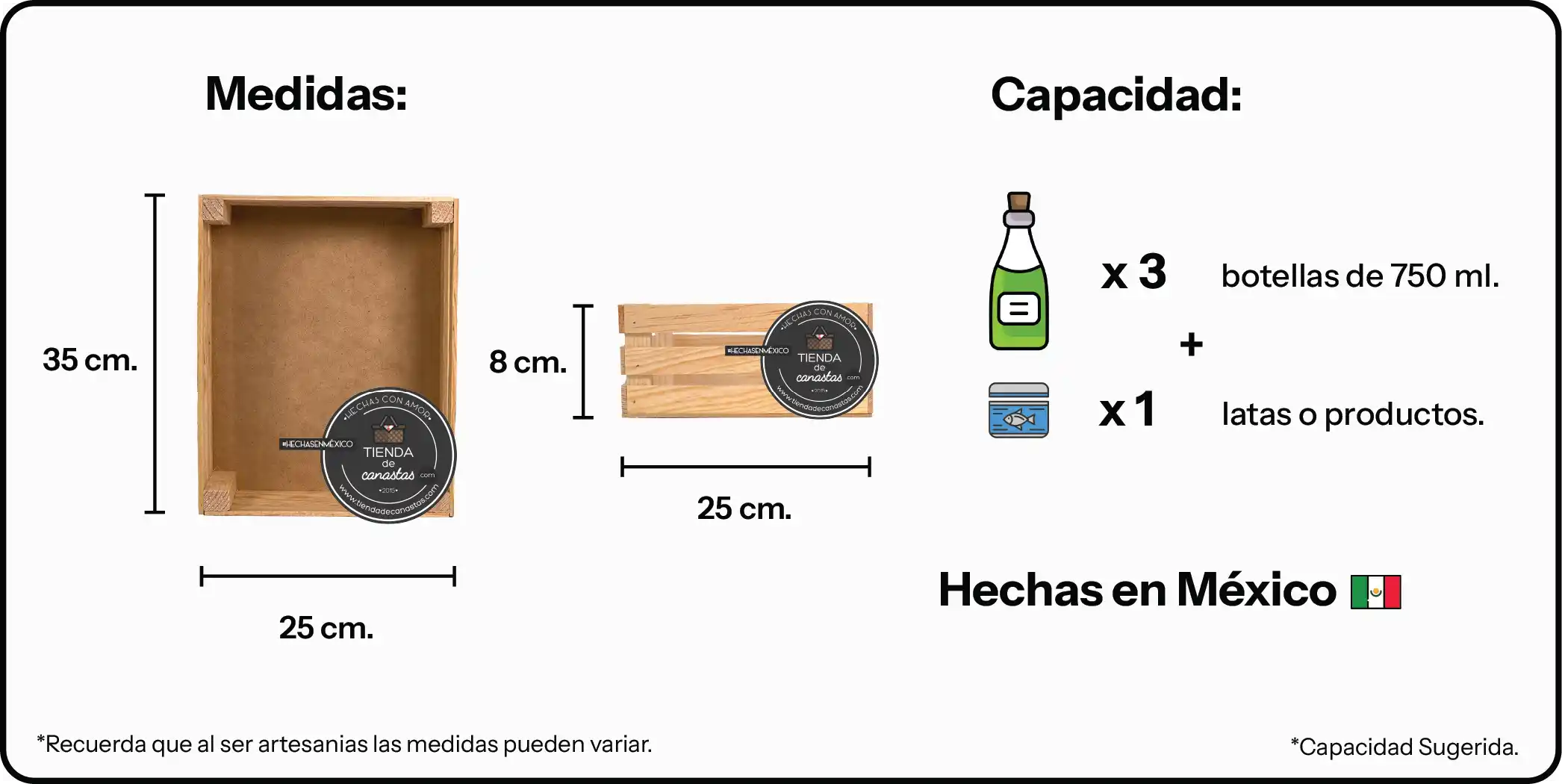 Medidas Huacal de Madera 35 x 25 cm x Tienda de Canastas