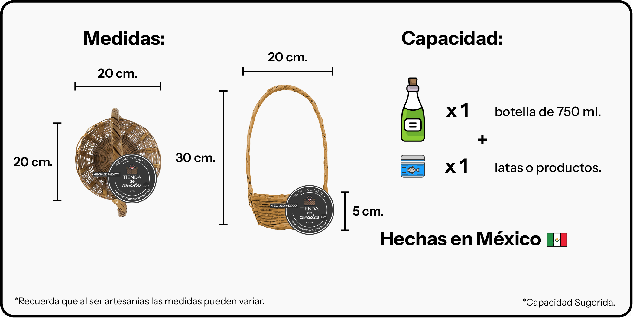 Medidas Canasta Asa Alta Horneada Chica x Tienda de Canastas